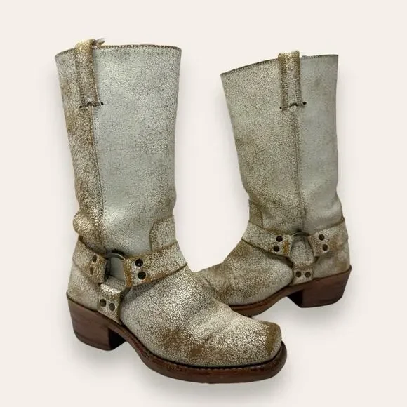 FRYE Harness 12R Leather Belted Western Moto Crackle White Square Toe 7 Women’s